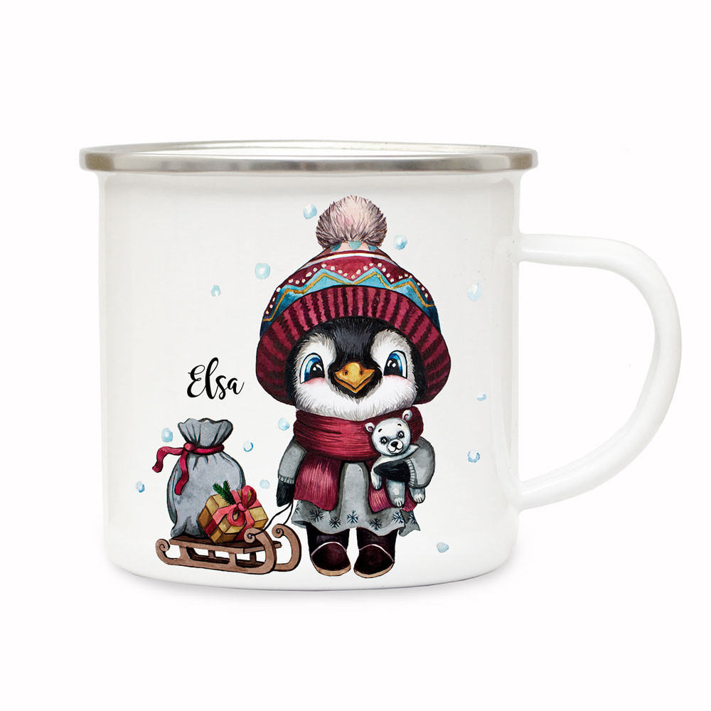 Emaillebecher Becher Tasse Camping Pinguin mit Schlitten