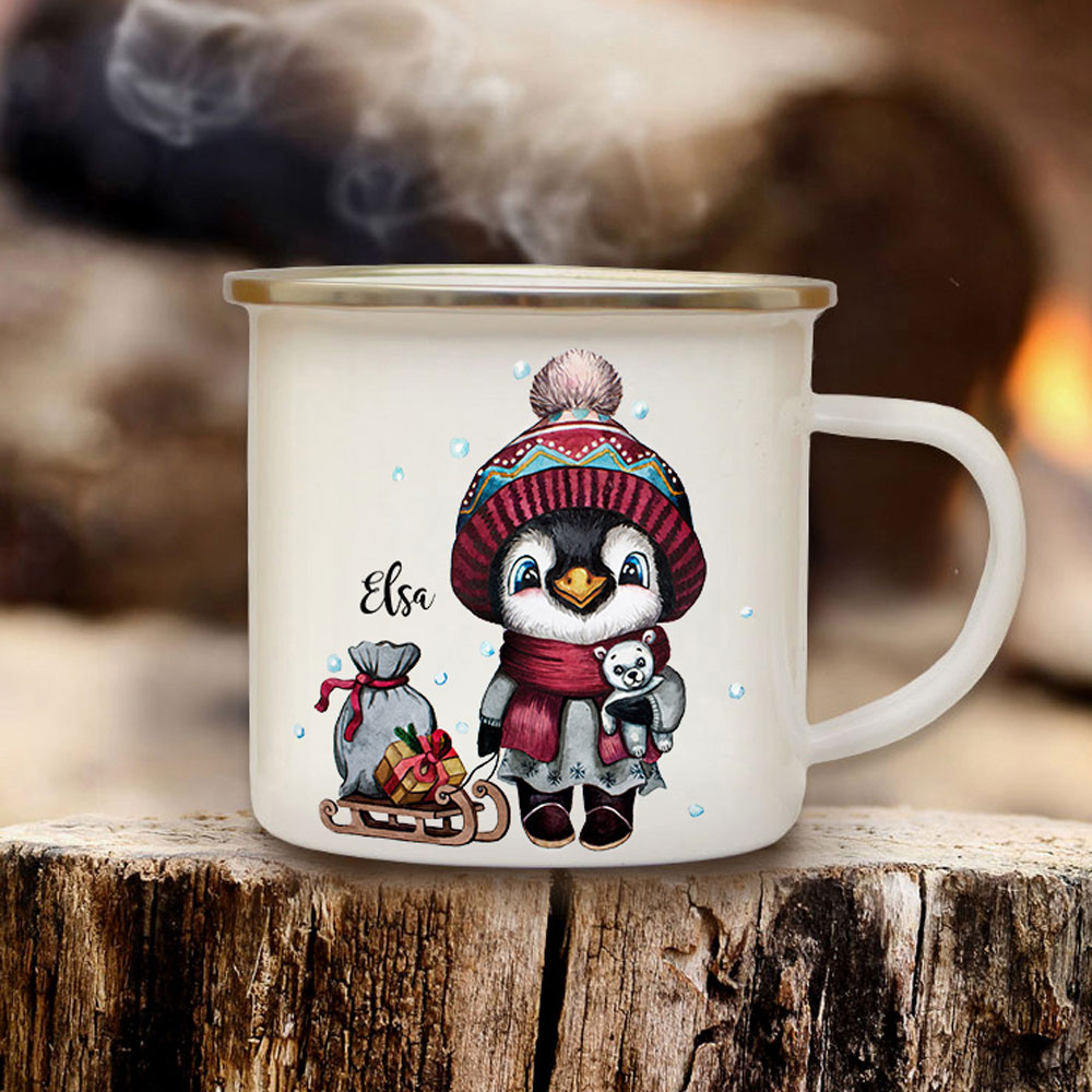 Emaille Becher Camping Tasse Pinguin & Spruch meine Einschulung Kaffeetasse  Geschenk mit Name Wunschname & Datum eb192