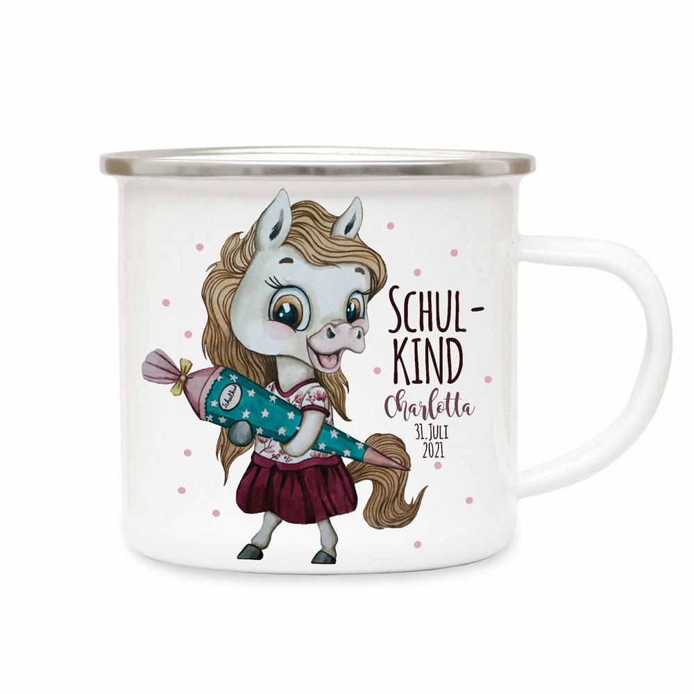 Kindertasse Geschenk Einschulung Waschbär Schultüte Schulkind Emaille