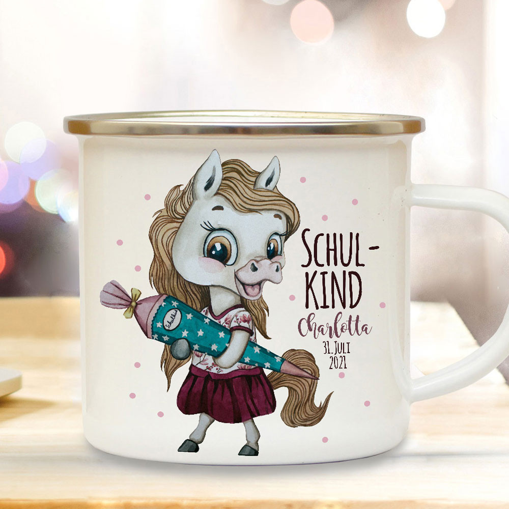 Kindertasse Geschenk Einschulung Waschbär Schultüte Schulkind Emaille