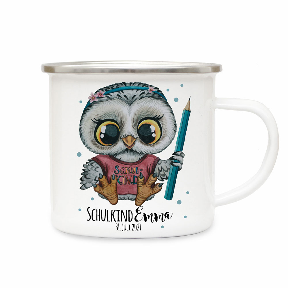 Emaillebecher Zur Einschulung – Personalisierbar Mit Name & Datum, Marienkäfer-Motiv Für Mädchen, 300 Ml, ø85x80 Mm