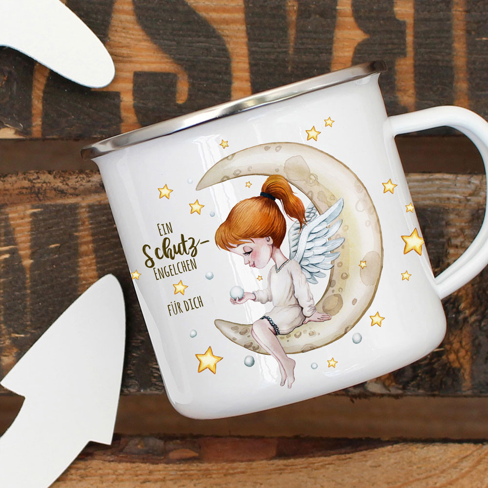 Emaille Becher Camping Tasse Engel Engelchen auf Mond sitzend Spruch Ein Schutzengelchen fur dich Kaffeetasse Geschenk Weihnachten eb622 Wandtattoos Elfentur Tassen
