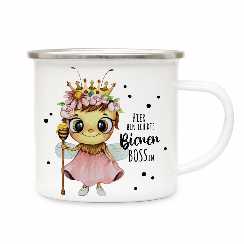 Emaille Becher Camping Tasse Biene Bienchen Bienenkönigin Spruch Hier