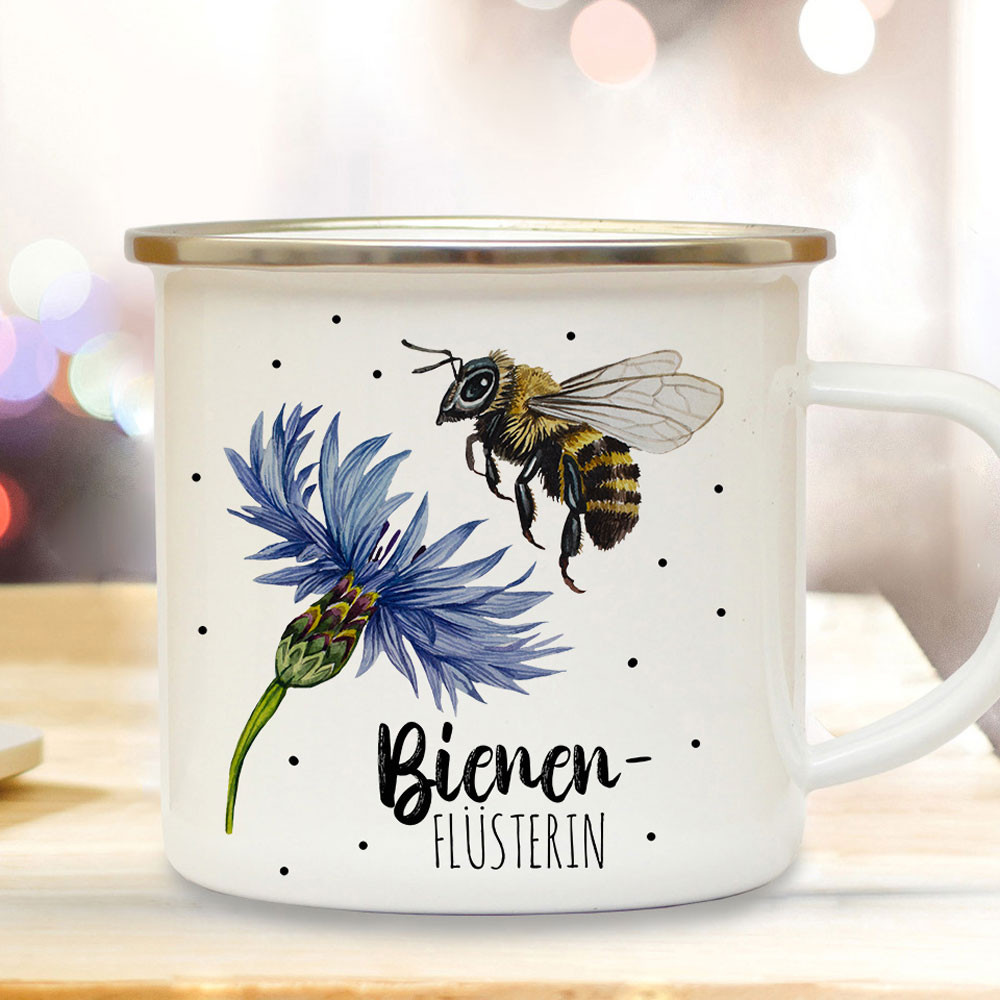 Emaille Becher Camping Tasse Biene Bienchen Kornblume Spruch
