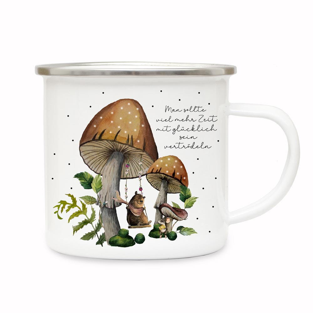Emaille Becher Camping Tasse Herbstzeit Pilze Bär auf Schaukel Spruch