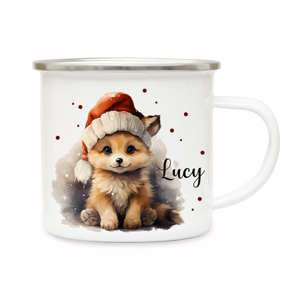 Emaille Becher Mit Fuchs-Motiv & Wunschname - Personalisierte Campingtasse, 300 Ml, Silberner Rand