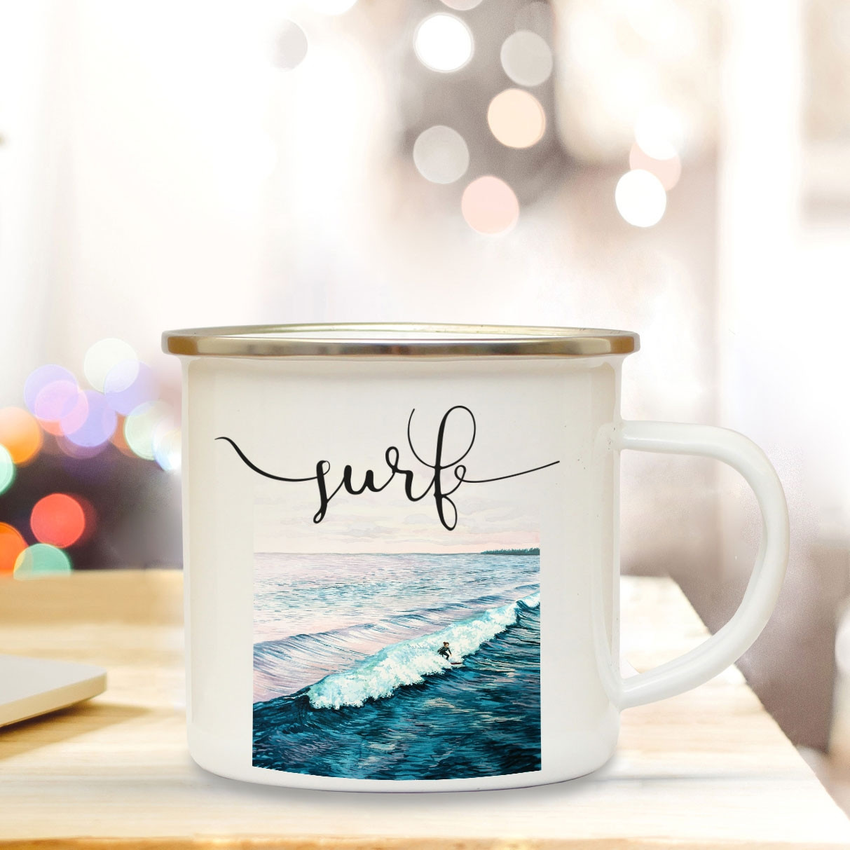 Emaille Becher Camping Tasse Surfer Meer & Spruch Motto... surf