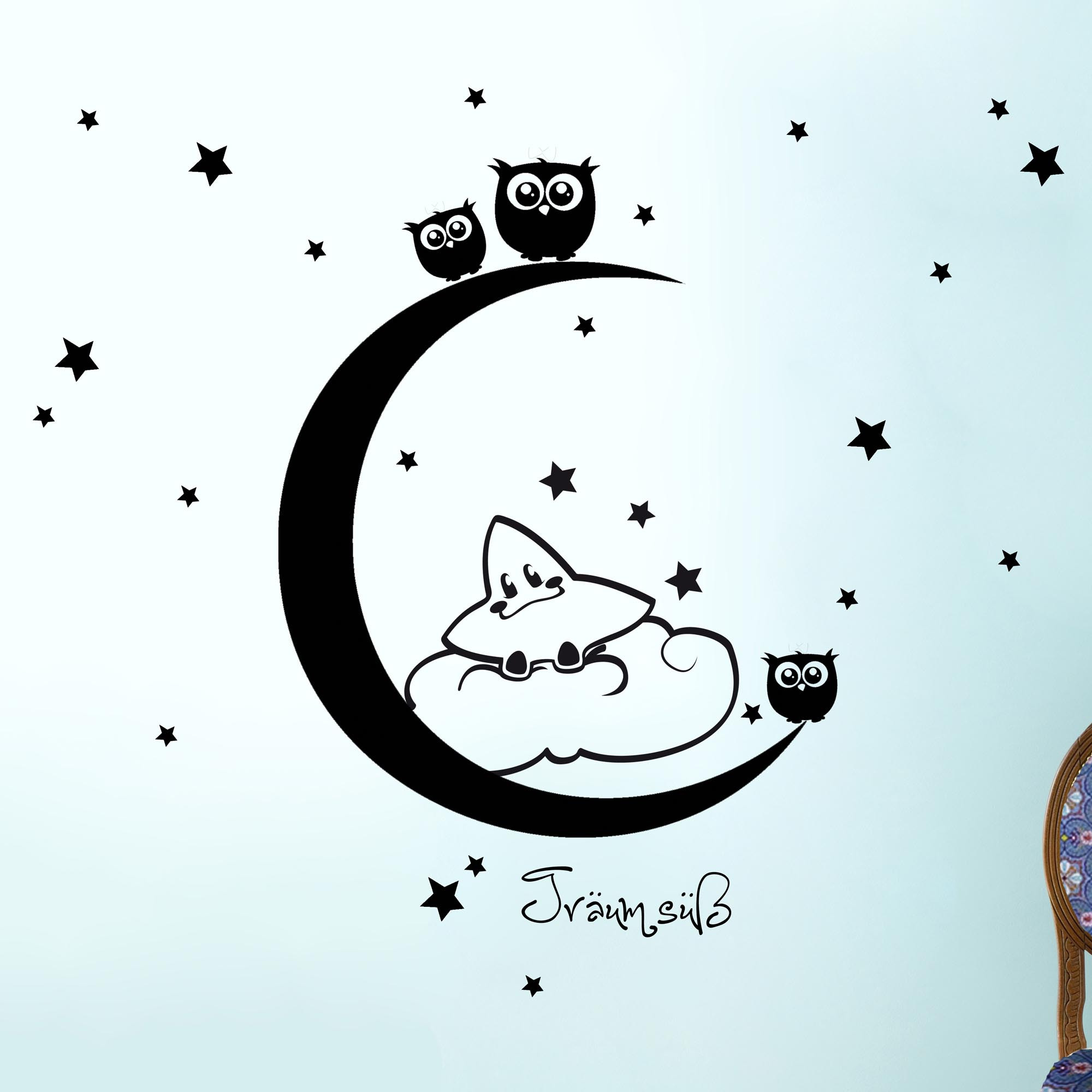 Wandtattoo Wandaufkleber Eulen auf dem Mond mit Sternen und Spruch