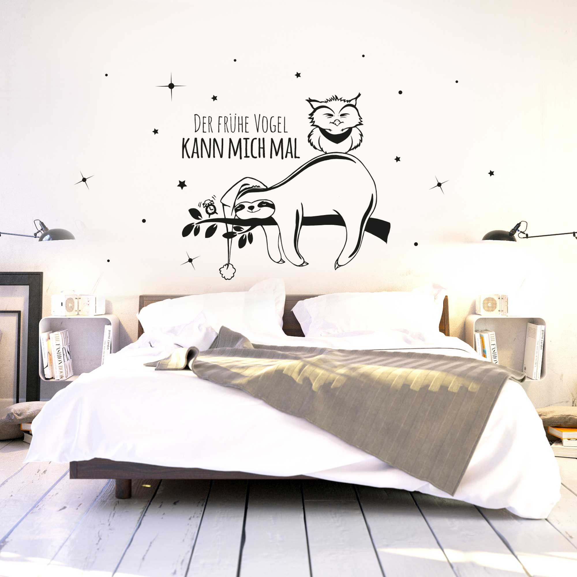 Wandtattoo Faultier und Eule mit Spruch der frühe Vogel kann mich mal