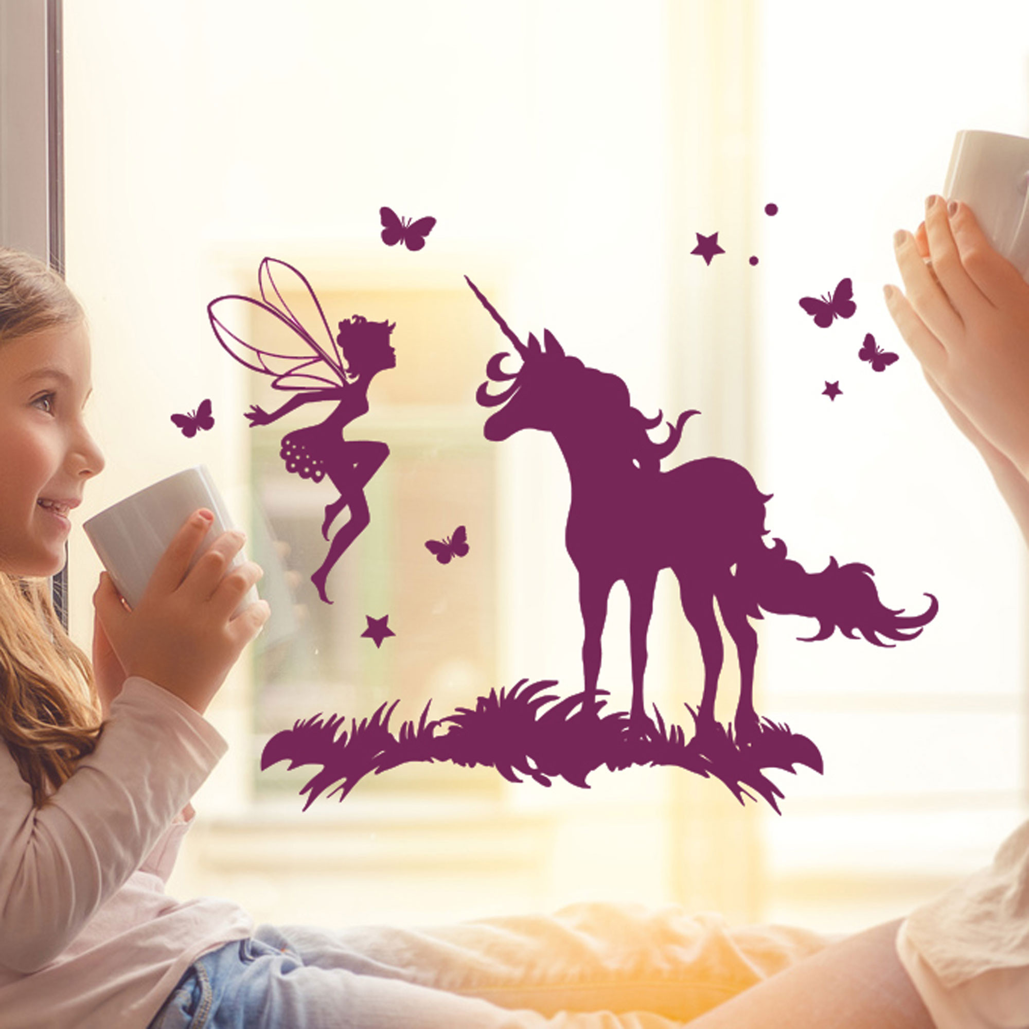 Fensterbild Fensterdeko Wandtattoo Einhorn mit Fee Elfe und