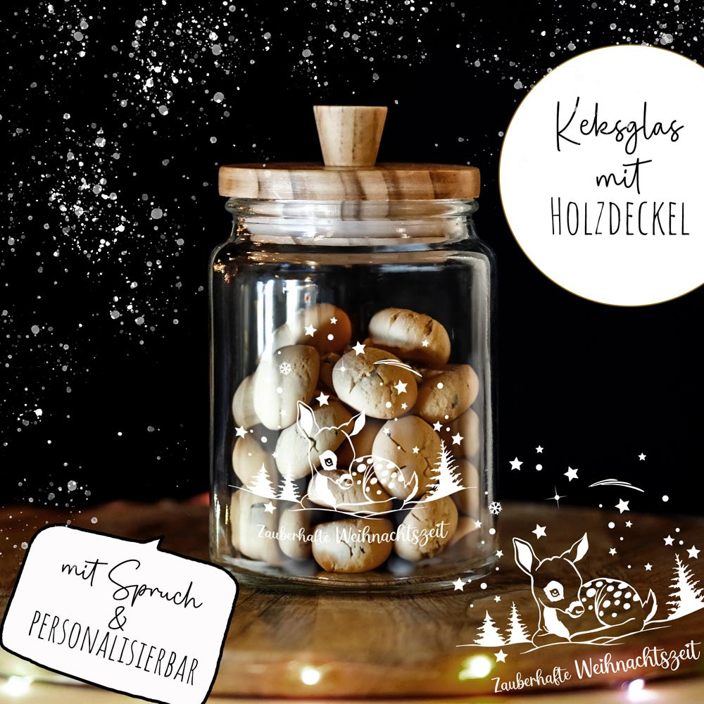Keksglas Keksdose Vorratsglas mit lustigen Spruch und Holzdeckel Geschenk personalisierbar Reh Zauberhafte Weihnachtszeit glkh05 ~ Wandtattoos Elfentür, Tassen