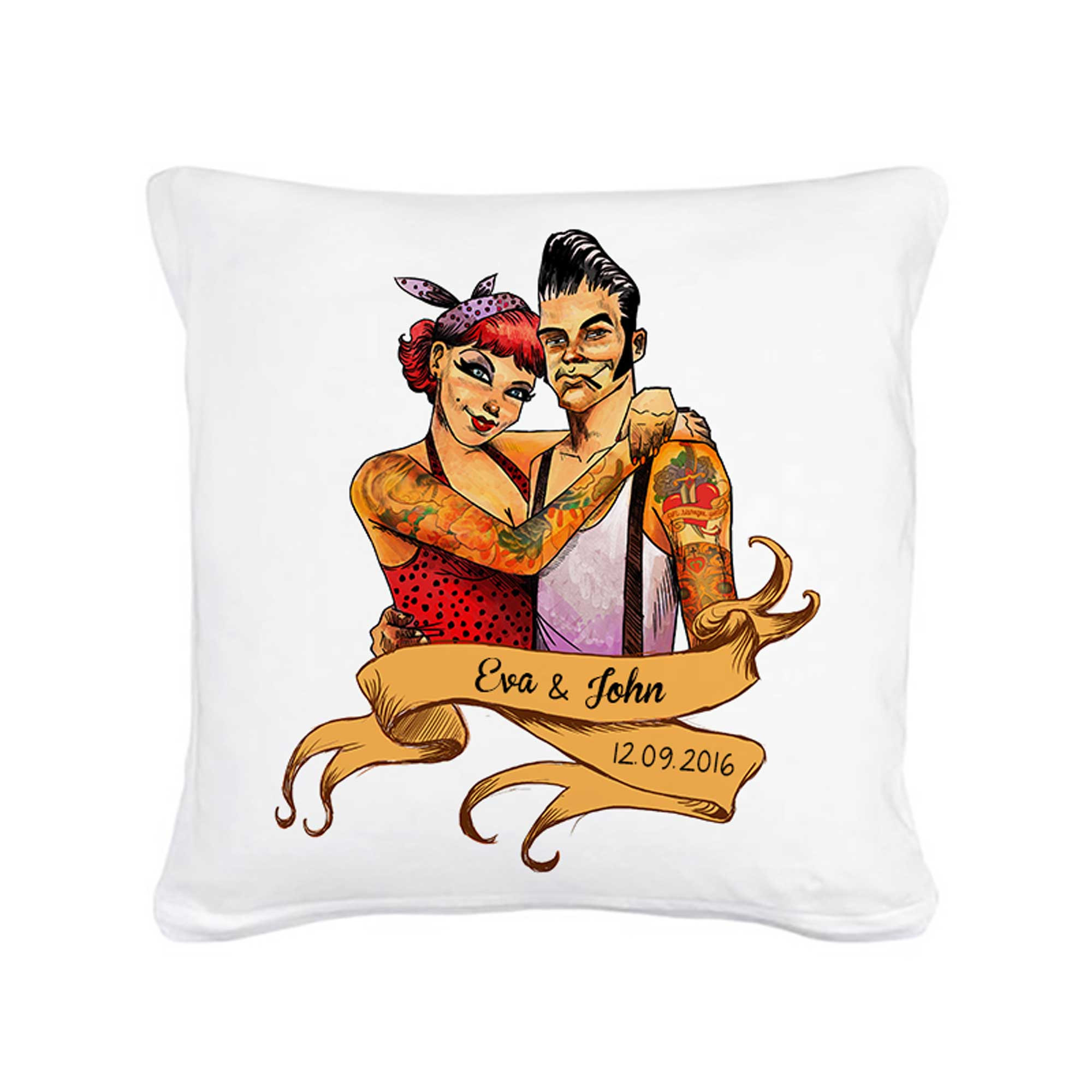 Kissen Rockabilly Pärchen mit Wunschnamen und Datum ...