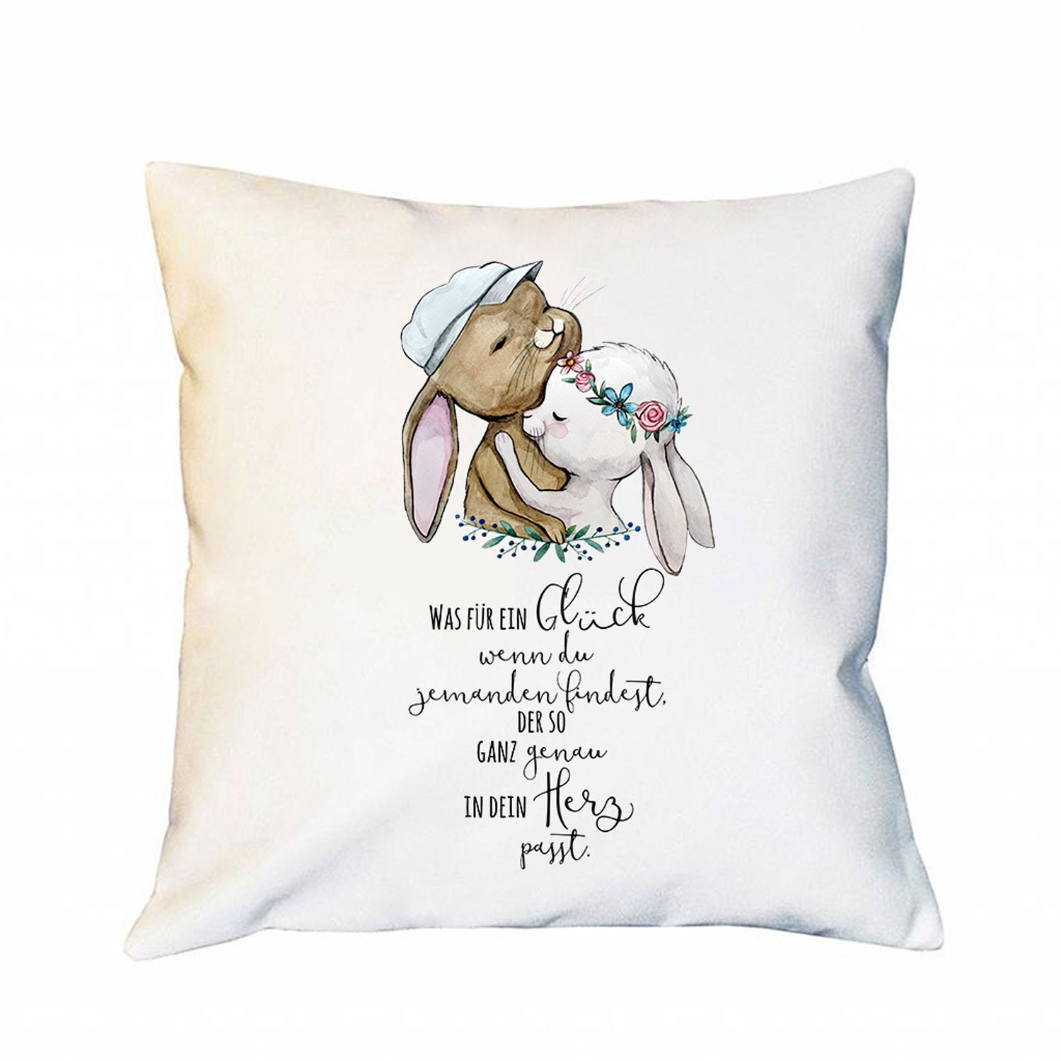 Kissen mit Hasen Häschen Spruch Glück Dekokissen Hochzeit Motivkissen