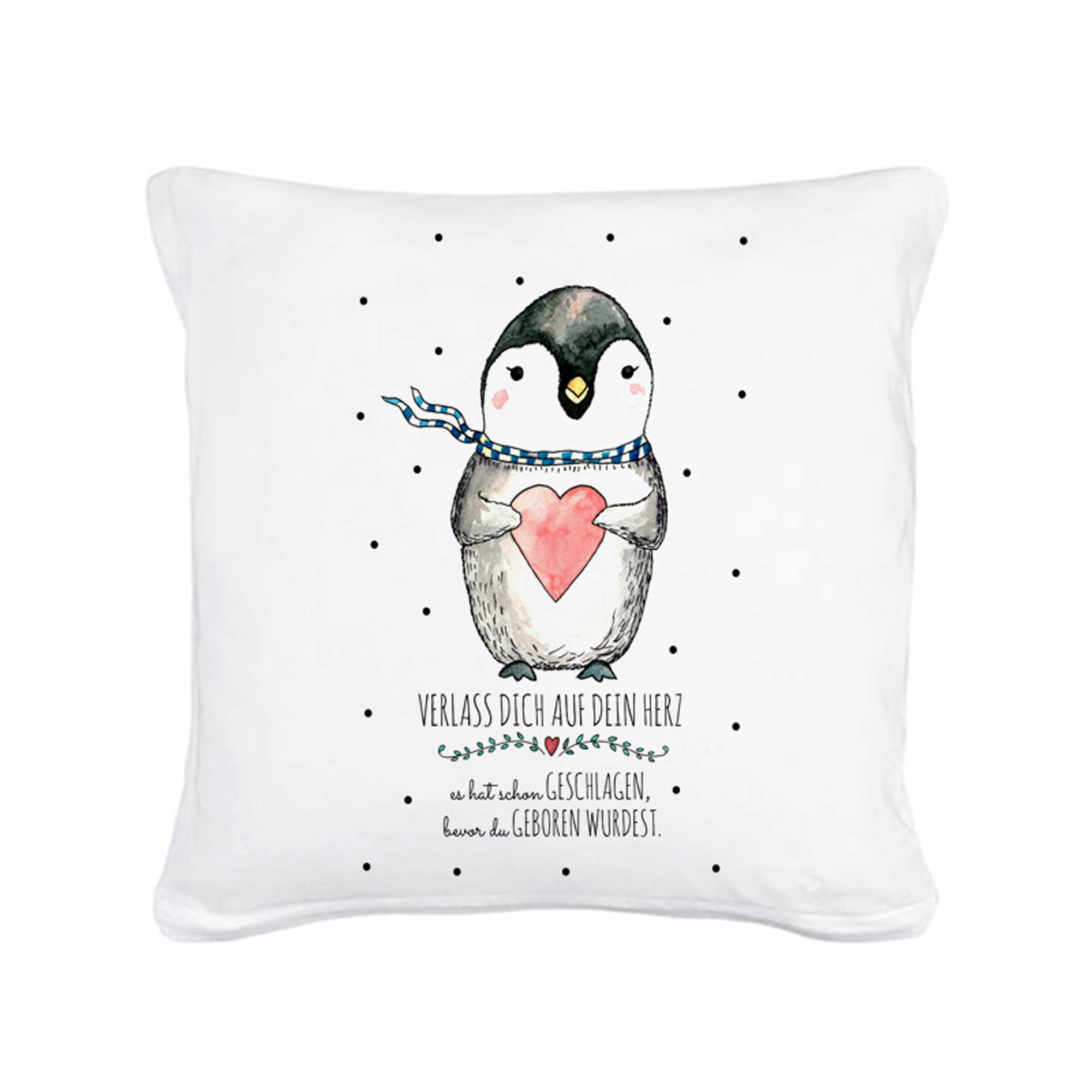 Kissen Pinguin mit Punkten und Spruch verlass dich auf dein Herz