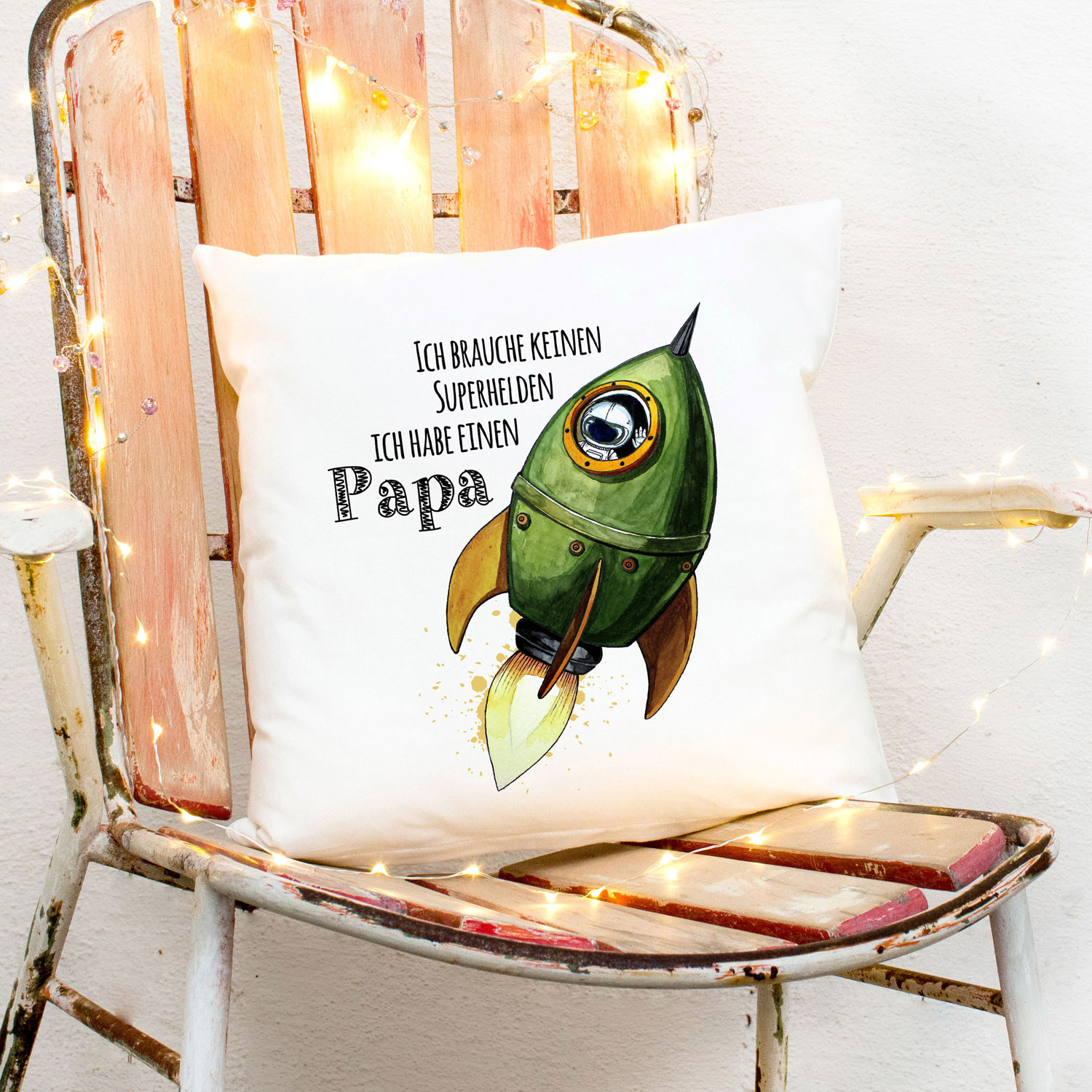 Kissen mit Rakete Astronaut & Spruch Superhelden ich habe Papa