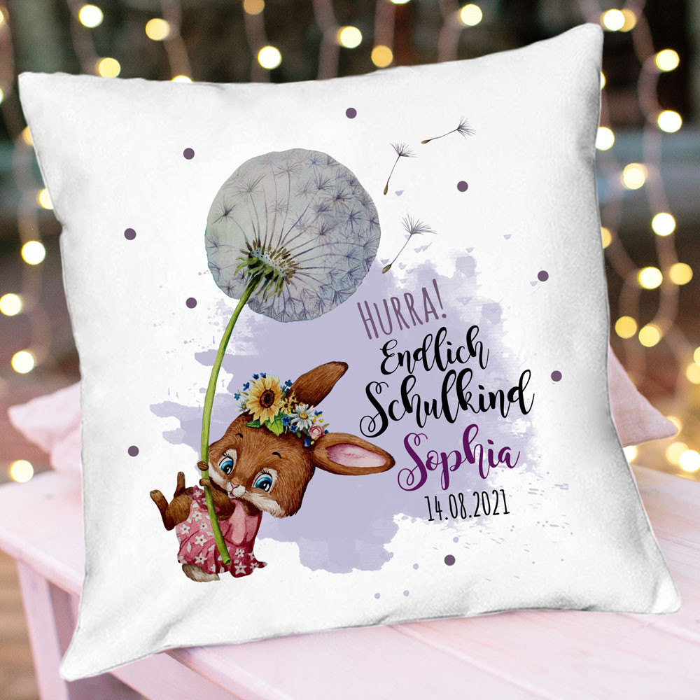 Kissen Einschulung Hasen Madchen Pusteblume Spruch Hurra Endlich Schulkind Name Datum Spruchkissen Inkl Fullung Dekokissen Bedruckt Ks342 Wandtattoos Elfentur Tassen
