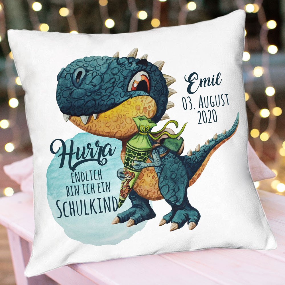 Kissen Einschulung Dino T Rex Schultute Spruch Hurra endlich Schulkind Name Datum Spruchkissen inkl Fullung Dekokissen bedruckt ks348 Wandtattoos Elfentur Tassen