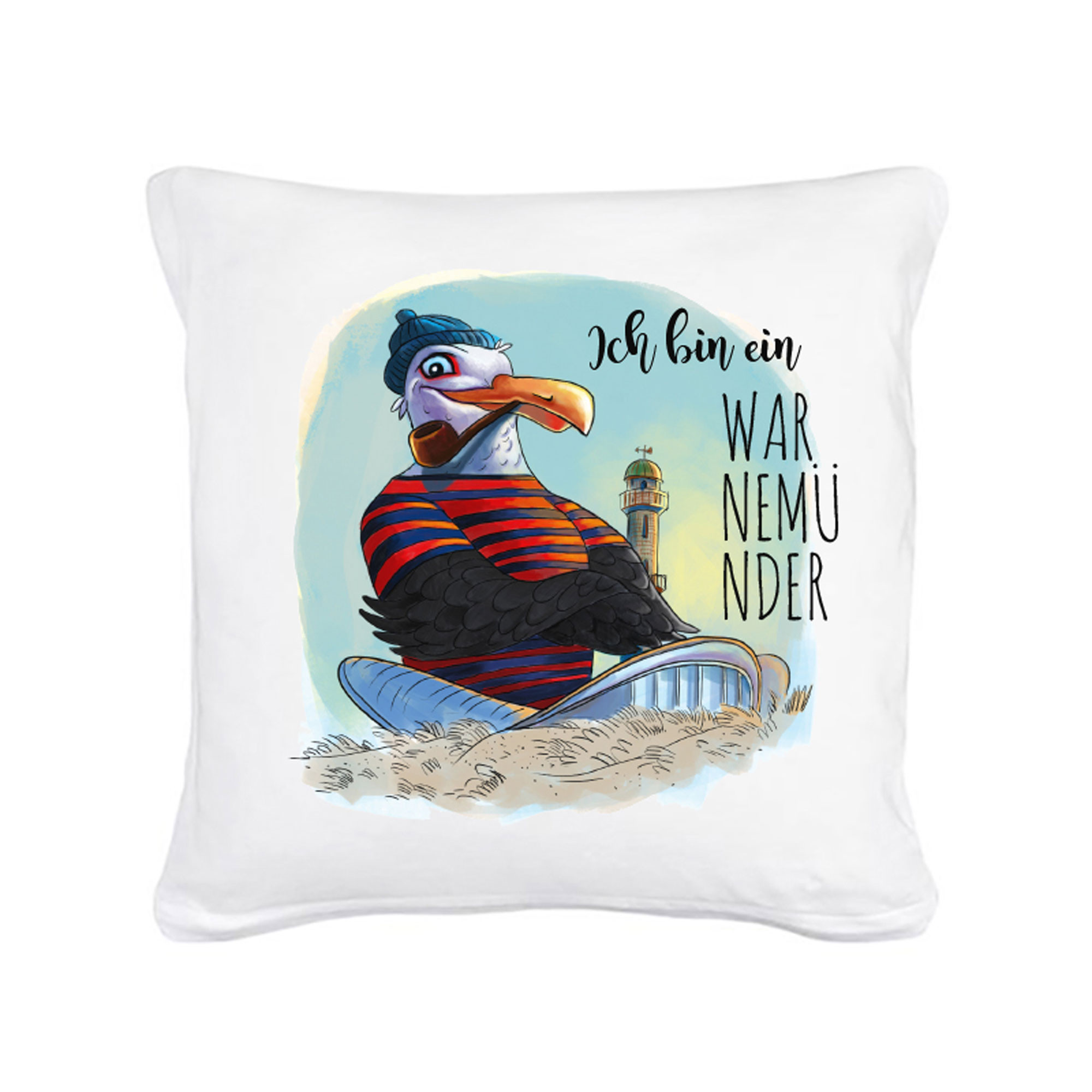 Kissen Dekokissen Maritim mit Möwe Strand und Spruch Ich bin ein Warnemünder inklusive Füllung