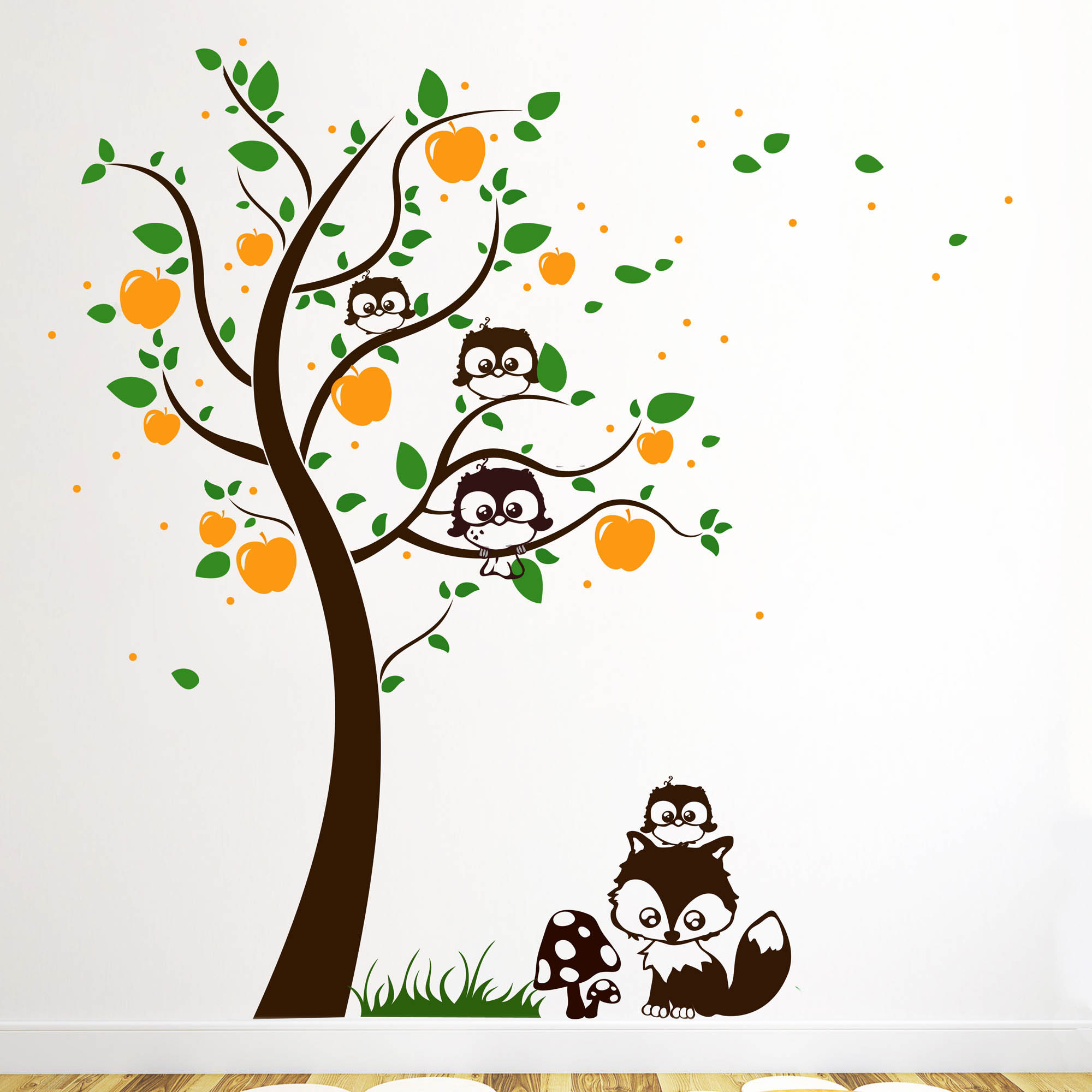 Wandtattoo Baum Apfelbaum Mit Eulchen Fuchs Punkte Blatter Und