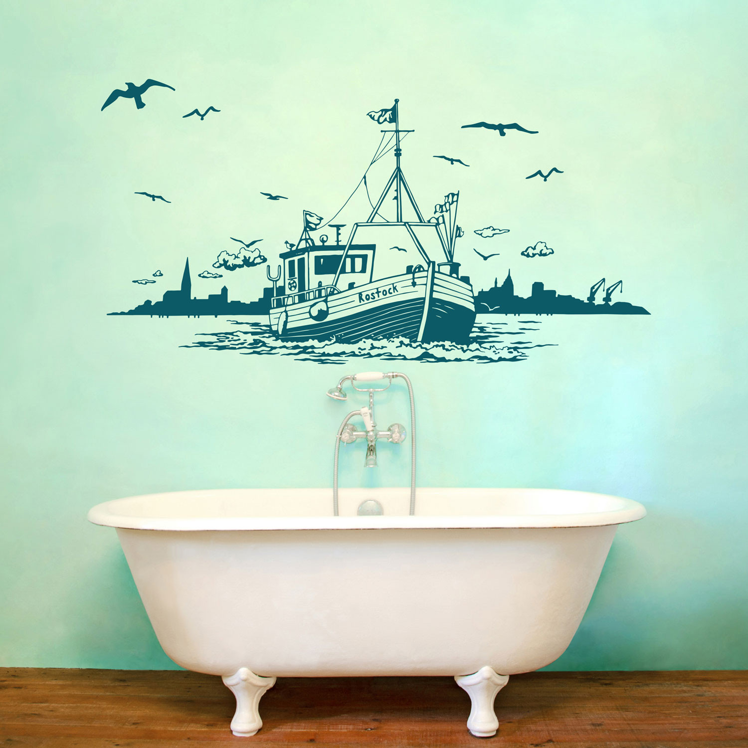 Wandtattoo Kutter Boot Schiff Mit Skyline Stadt Rostock Maritim Mowen Vogel Wellen Wasser Meer Perfekt Furs Bade Wohnzimmer Wanddeko M2164 Wandtattoos Elfentur Tassen