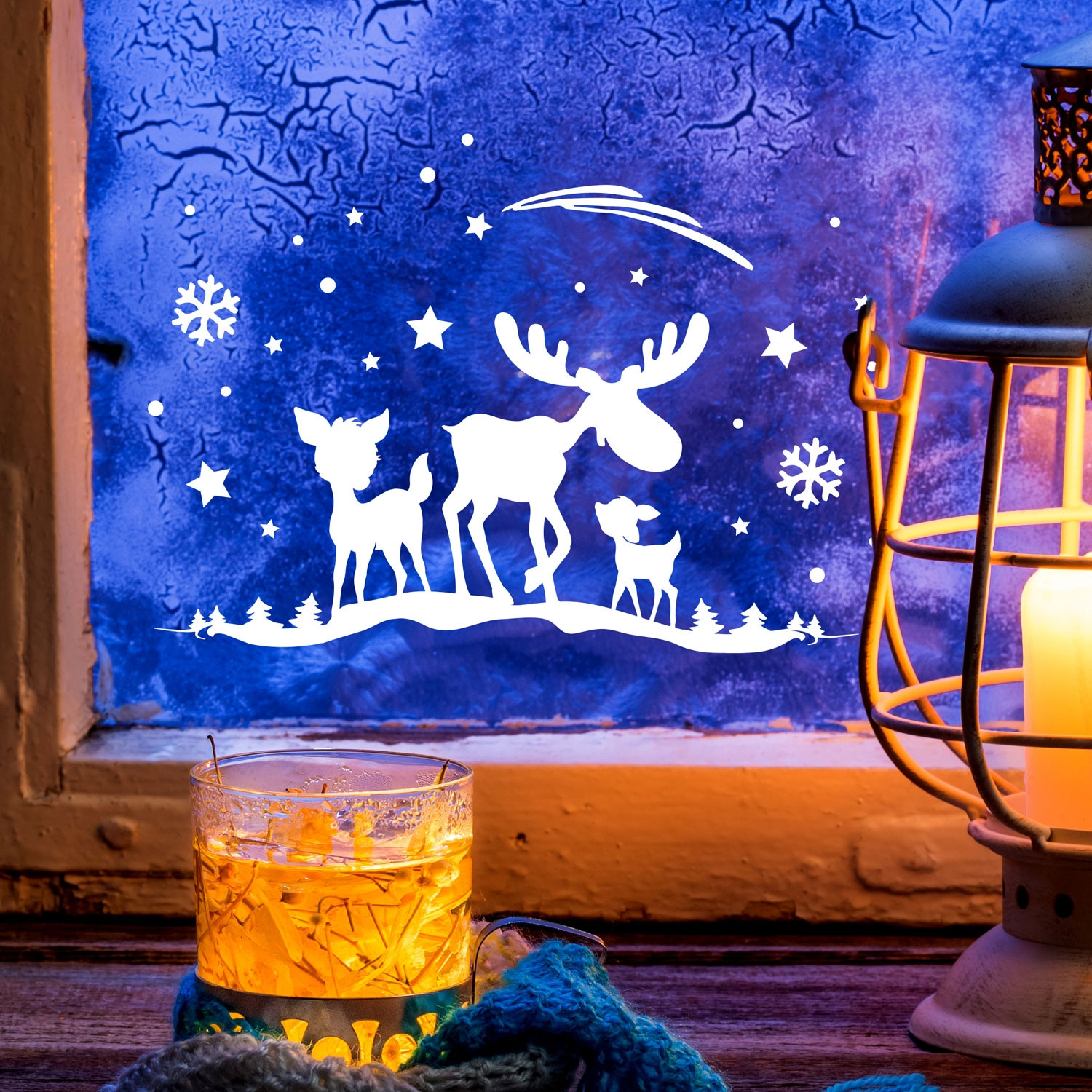 Fensterbild Winter Elch & Rehe Schneeflocken Fensterdeko Winterlandschaft M2261 