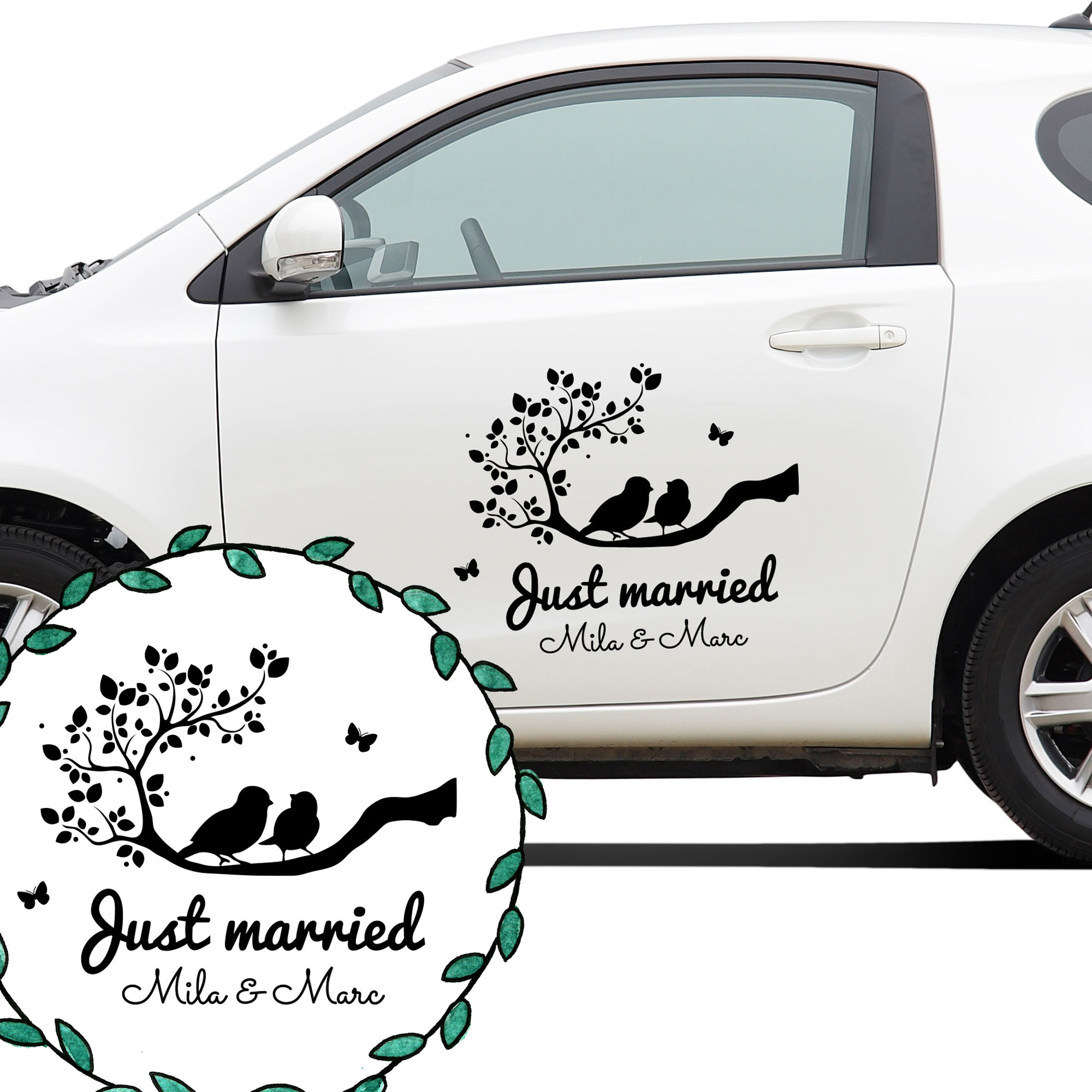 Autoaufkleber Autotattoo Hochzeit Vögel auf Zeig mit Spruch Just