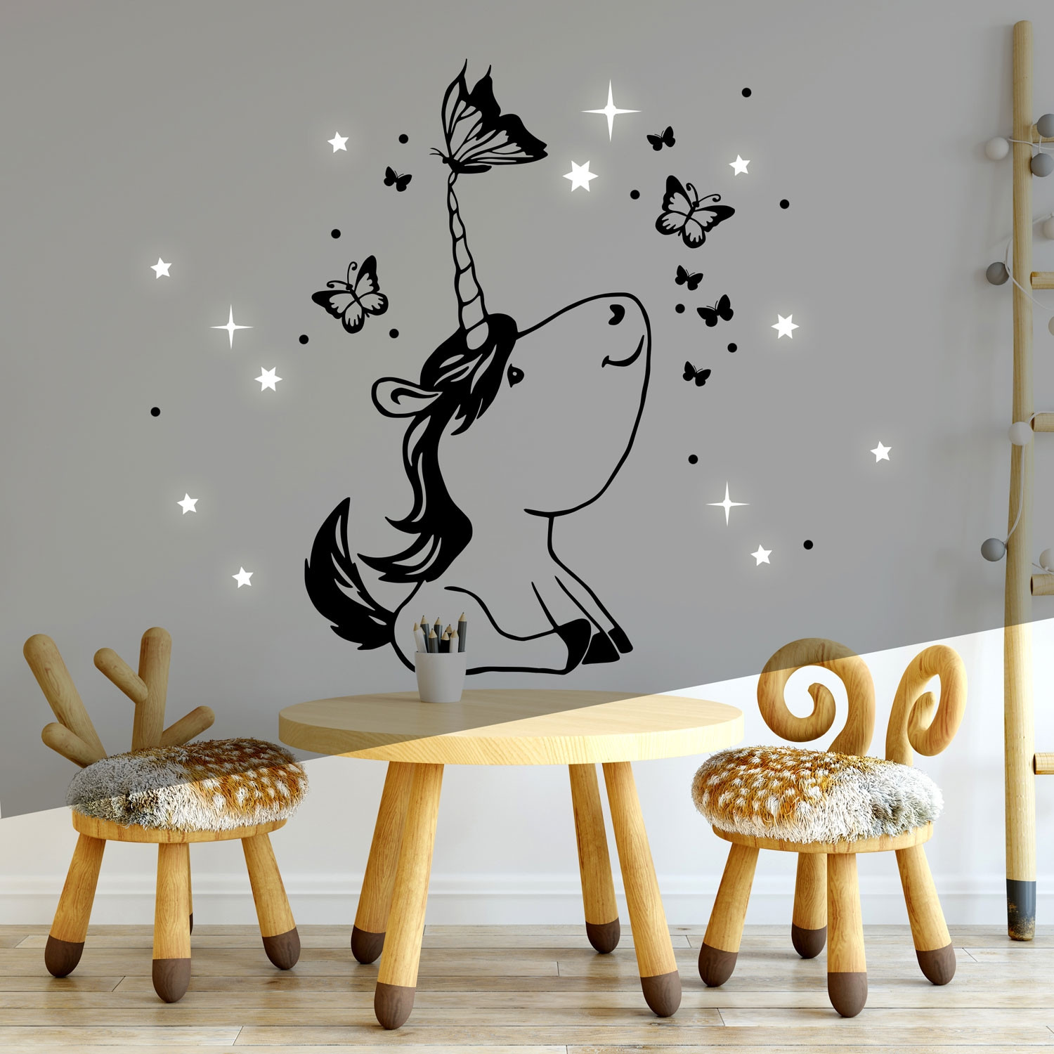 einhorn wandtattoo Wandtattoo mit Einhorn Schmetterlinge Punkte & Sterne fluoreszierend