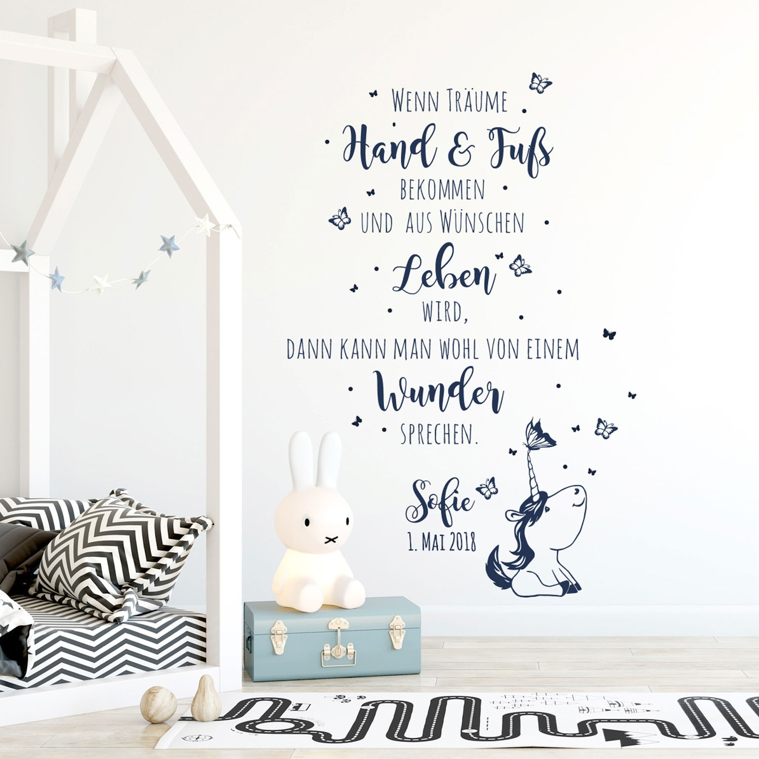 Wandtattoo Babyzimmer Spruch Einhorn Zitat & Schmetterlinge