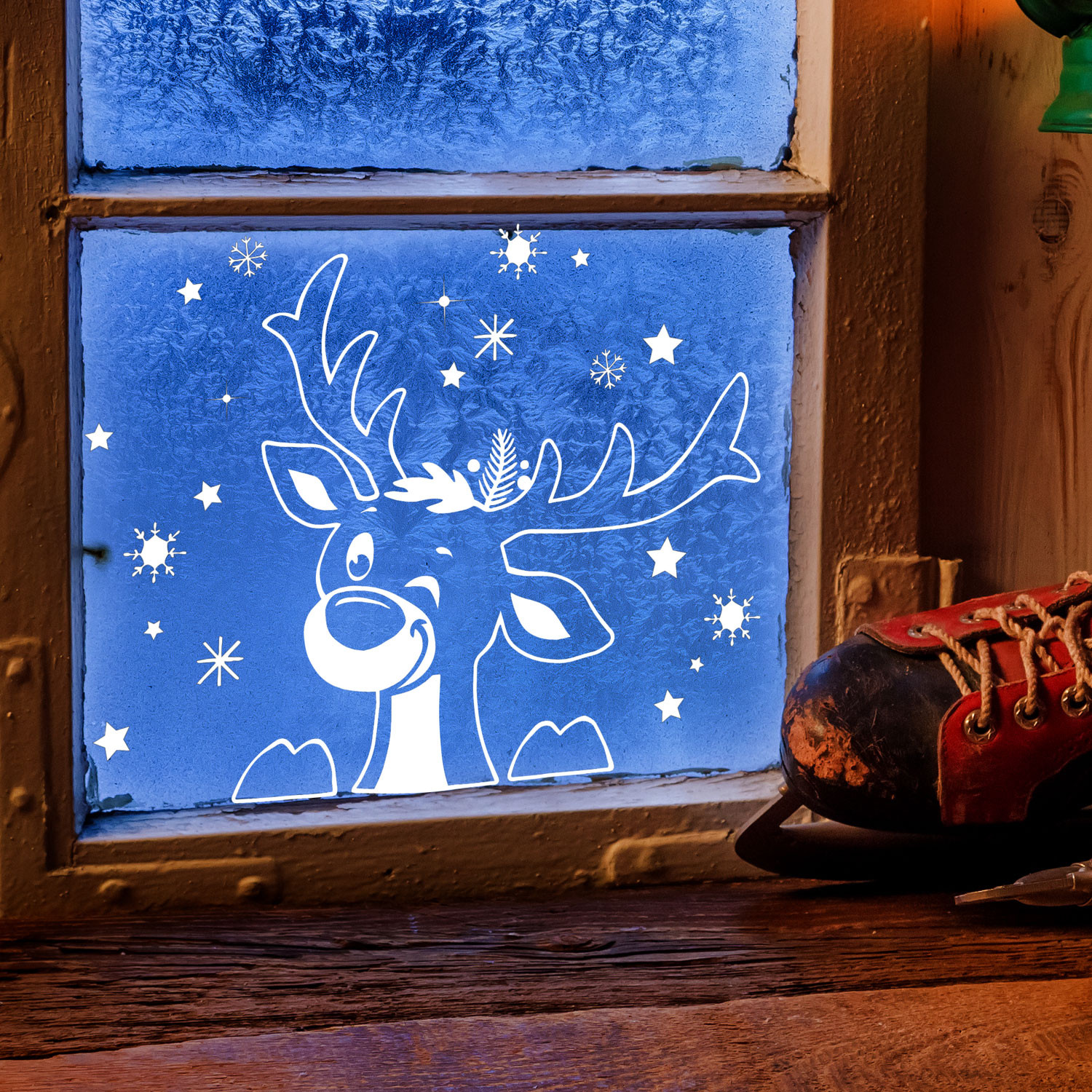 Fensterbild Elch Hirsch Im Schnee Schneeflocken Sterne