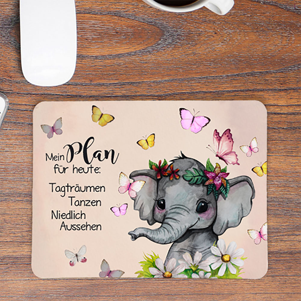 Mousepad mouse pad Mauspad Elefant mit Schmetterlinge Spruch Mein Plan