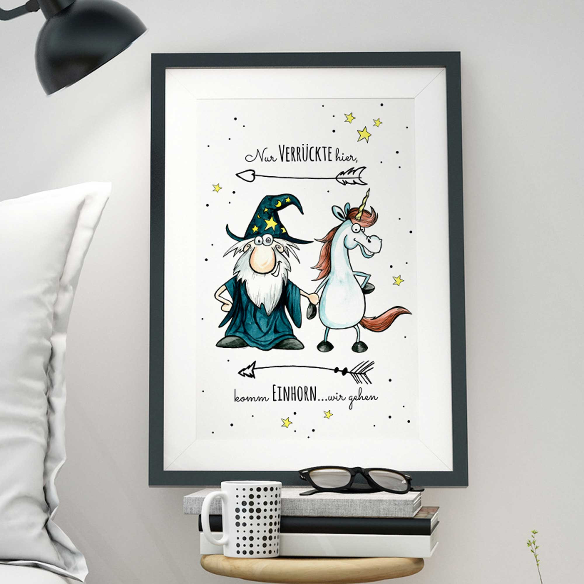 A3 Print Illustration Poster Plakat Zauberer und Einhorn mit Spruch nur