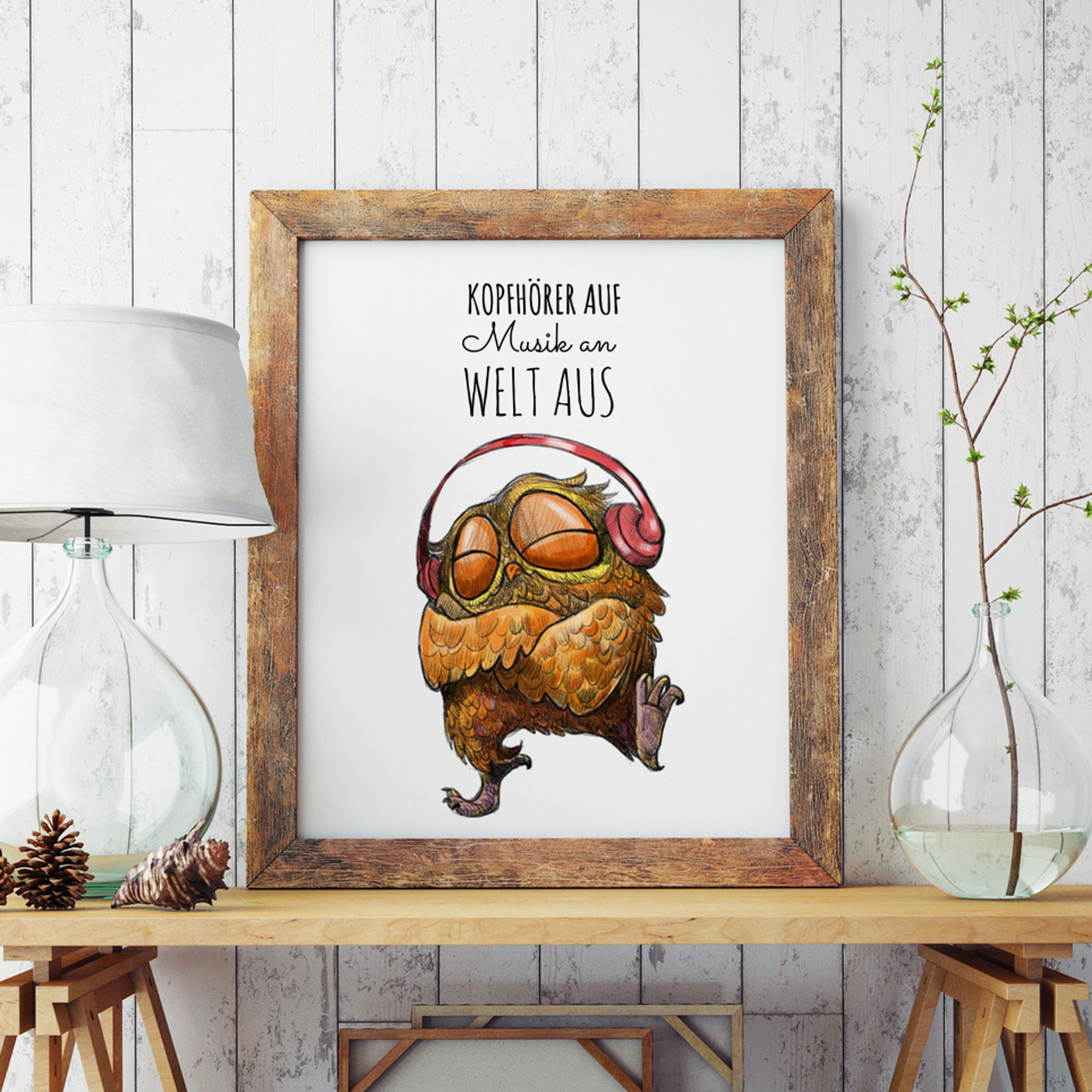 A3 Print Illustration Poster Plakat Eule mit Spruch Kopfhörer auf Musik