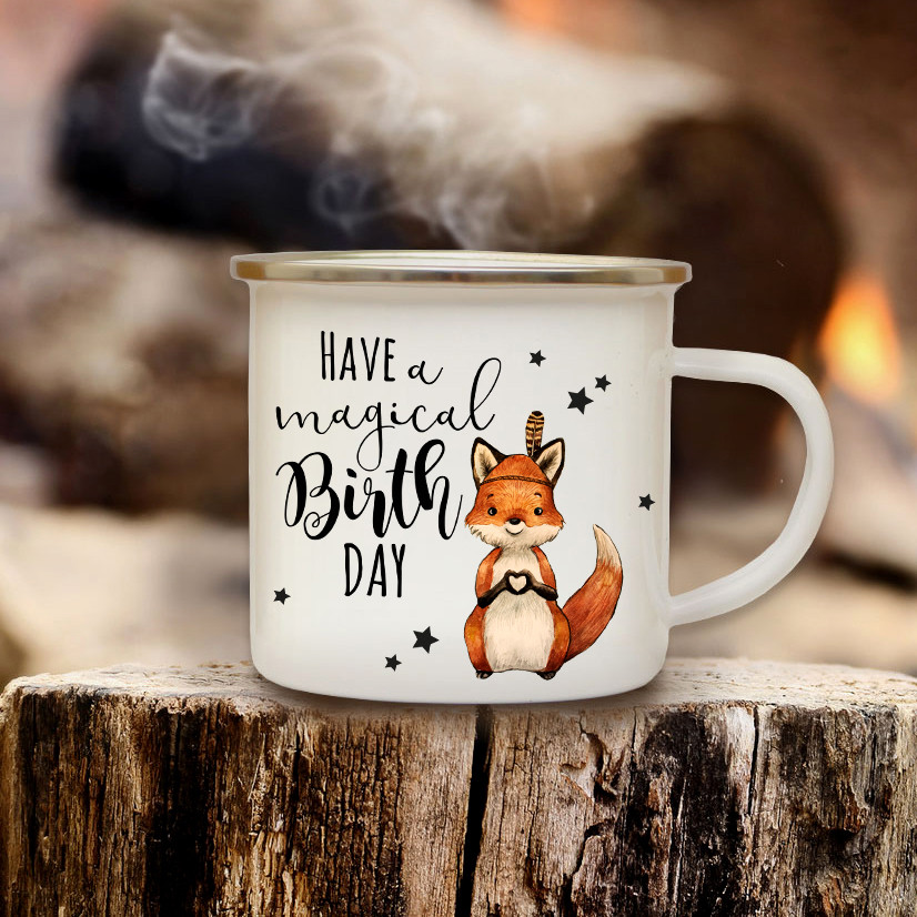 Emaille Becher Geburtstag Camping Tasse Fuchs Füchschen Boho mit Spruch