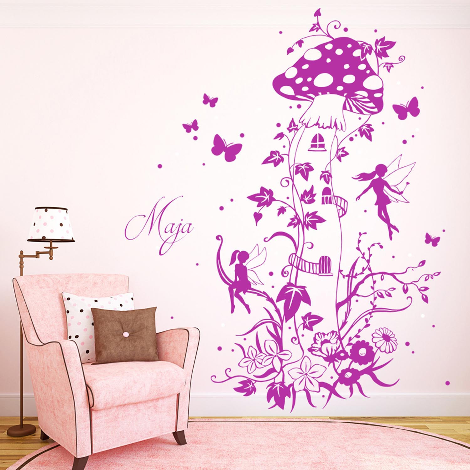 35+ Wandtattoo Fee Elfe auf Pilz mit Stern & Schmetterling 35+ Wandtattoo Fee Elfe auf Pilz mit Stern & Schmetterling