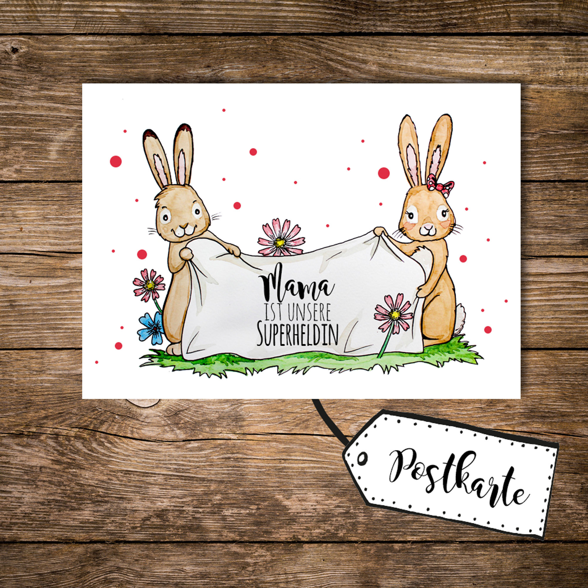 A6 Postkarte Print Muttertag Hasenfamilie mit Spruch Beste Mama der