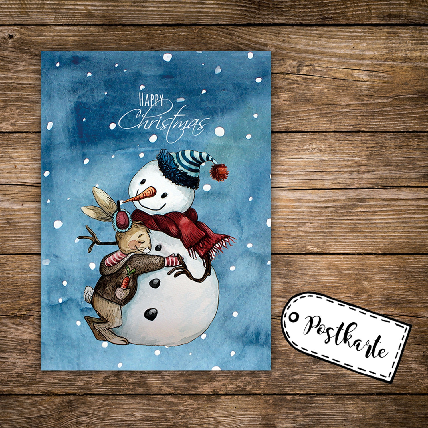 A6 Weihnachtskarte Postkarte Weihnachten Print Schneemann Hase & Spruch