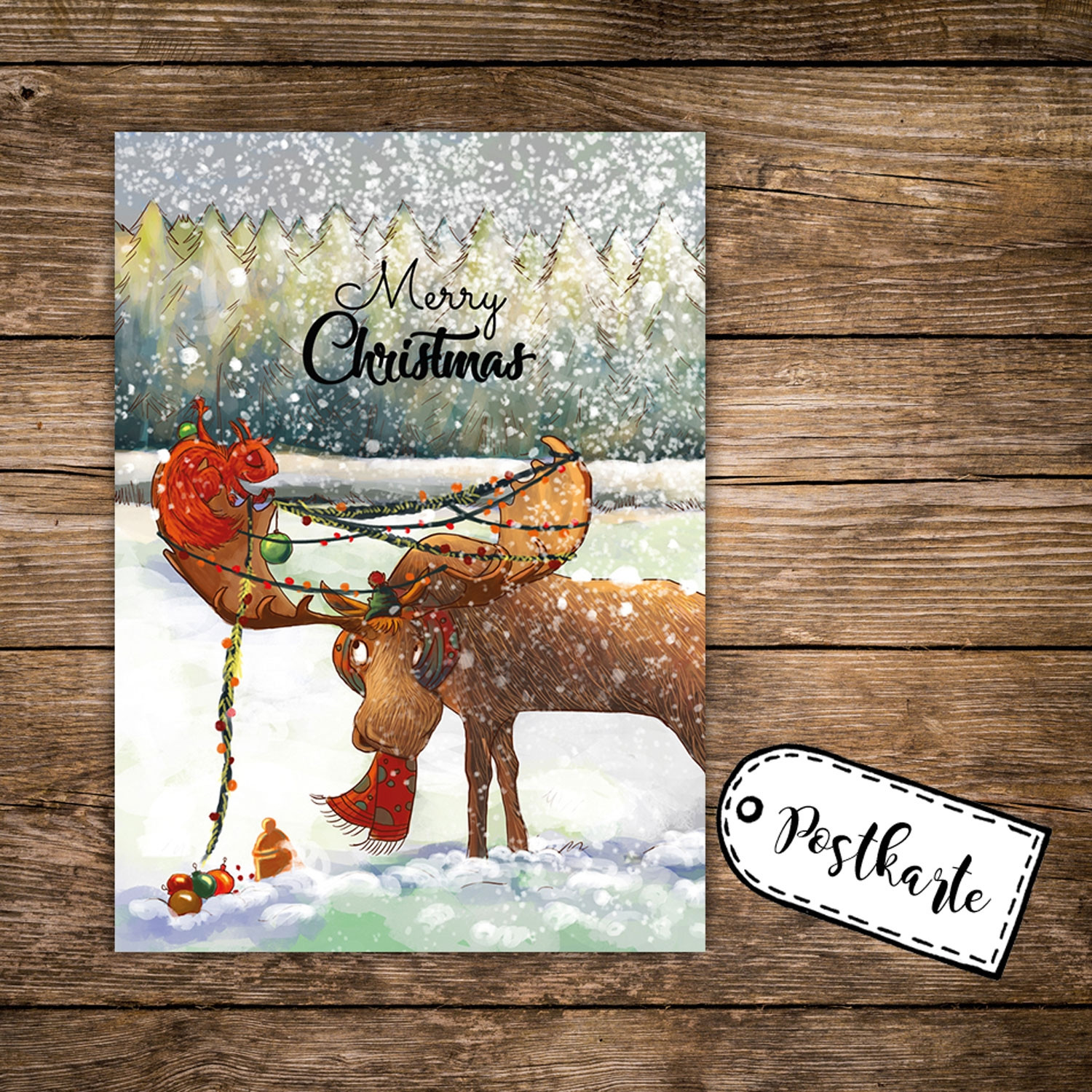 A6 Weihnachtskarte lustige Postkarte Print mit Elch Lichterkette