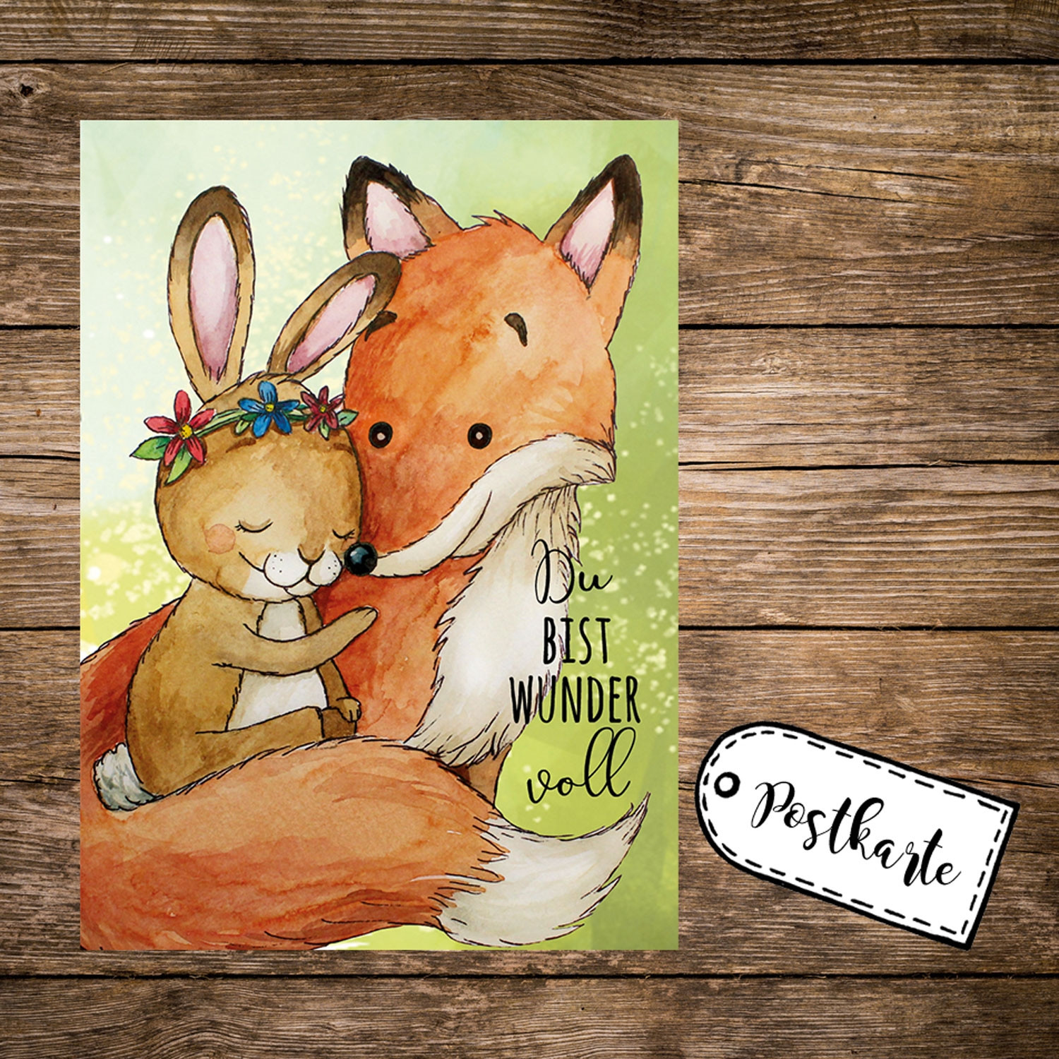 A6 Postkarte Print Fuchs & Hase Häschen mit Spruch Du bist wundervoll