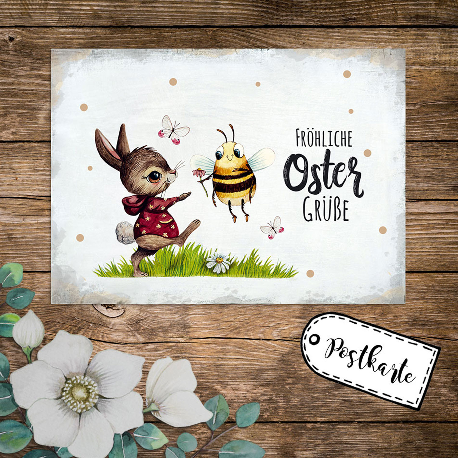A6 Grusskarte Postkarte Osterkarte Print Hase Biene Bienchen Hummel Schmetterlinge Spruch Frohliche Ostergrusse Punkte Pk242 Wandtattoos Elfentur Tassen