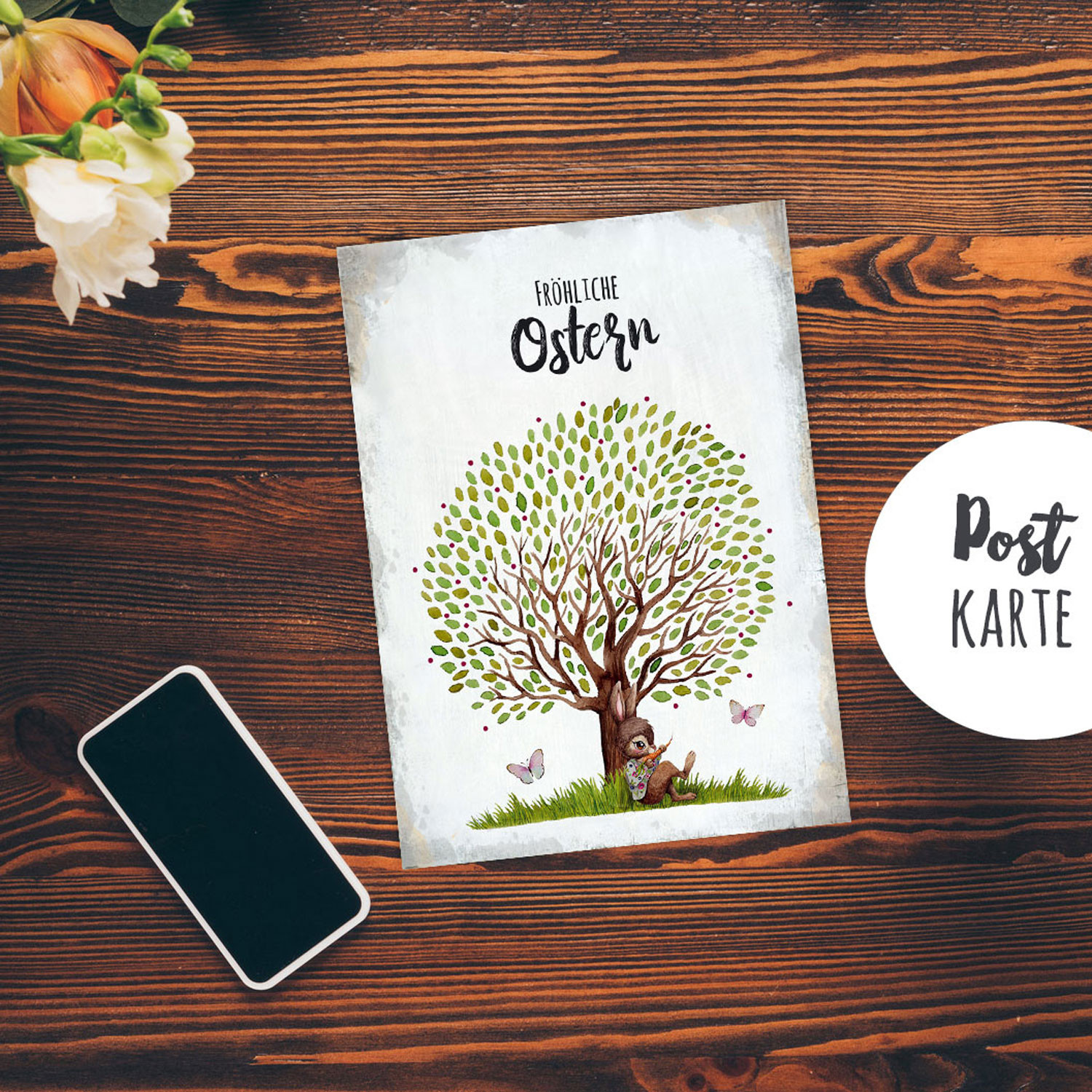 A6 Grusskarte Postkarte Osterkarte Print Hase Haschen Unterm Baum Schmetterlinge Spruch Frohliche Ostergrusse Punkte Pk244 Wandtattoos Elfentur Tassen