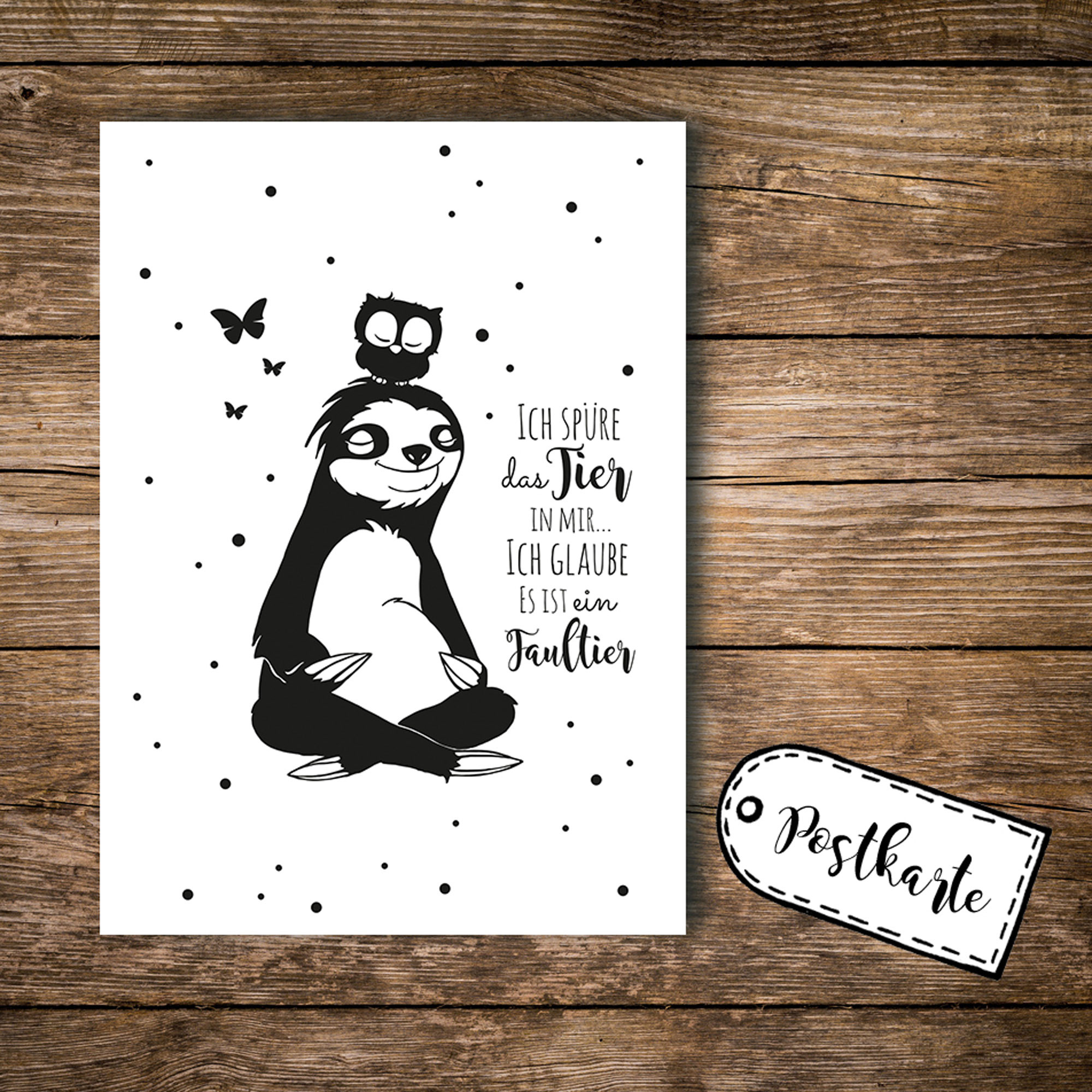 A6 Postkarte Print Faultier und Eule mit Spruch Ich spüre das Tier in