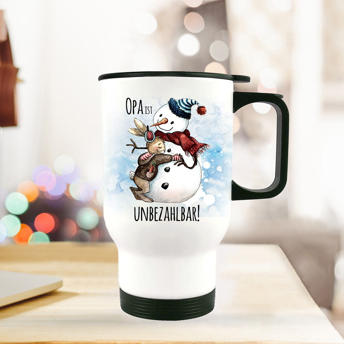 Thermobecher Isolierbecher bedruckt mit Hase & Schneemann Motiv