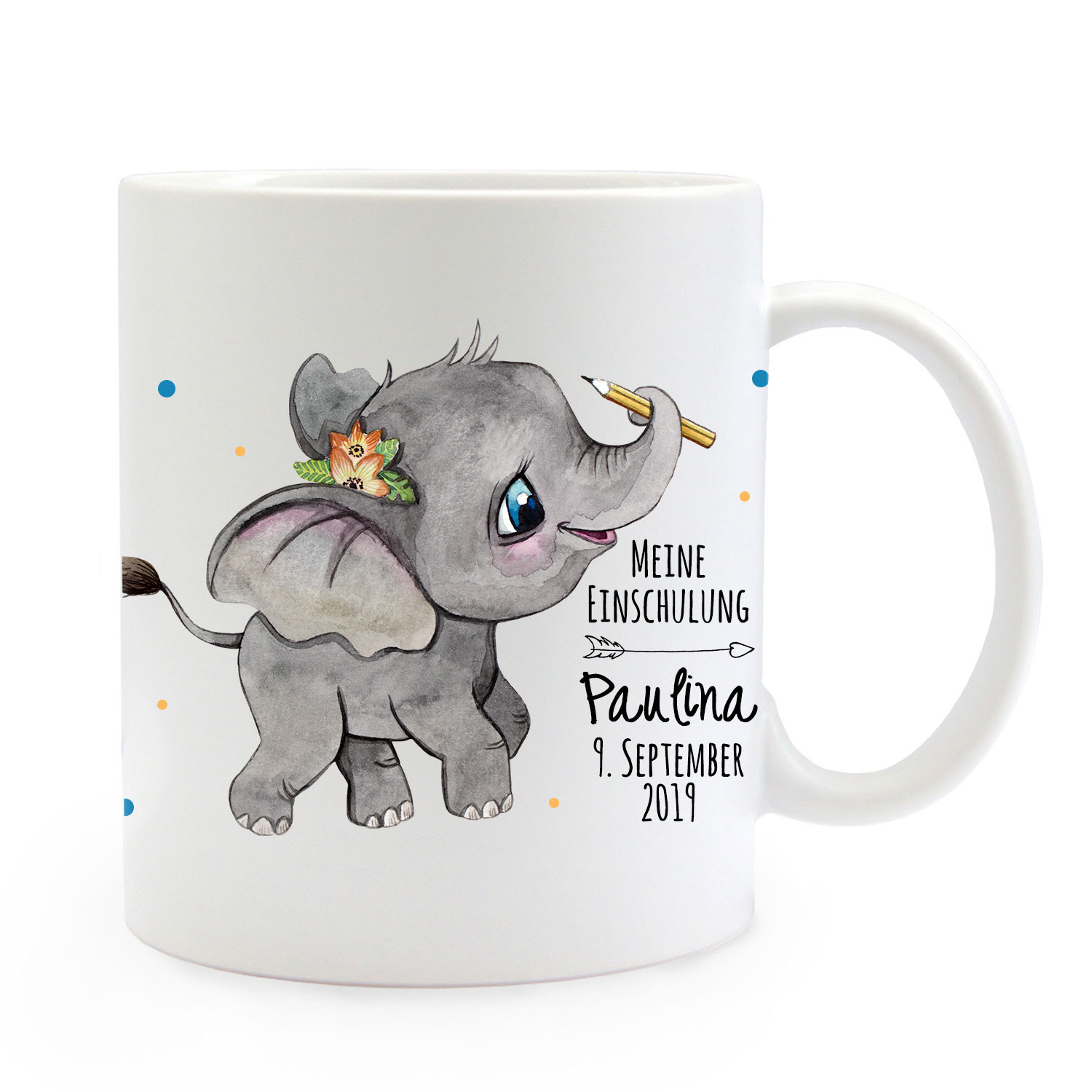 Tasse Zur Einschulung Becher Elefant Geschenk Schulstart Punkte Name Wunschnamen Datum Spruch Meine Einschulung Ts1029 Wandtattoos Elfentur Tassen