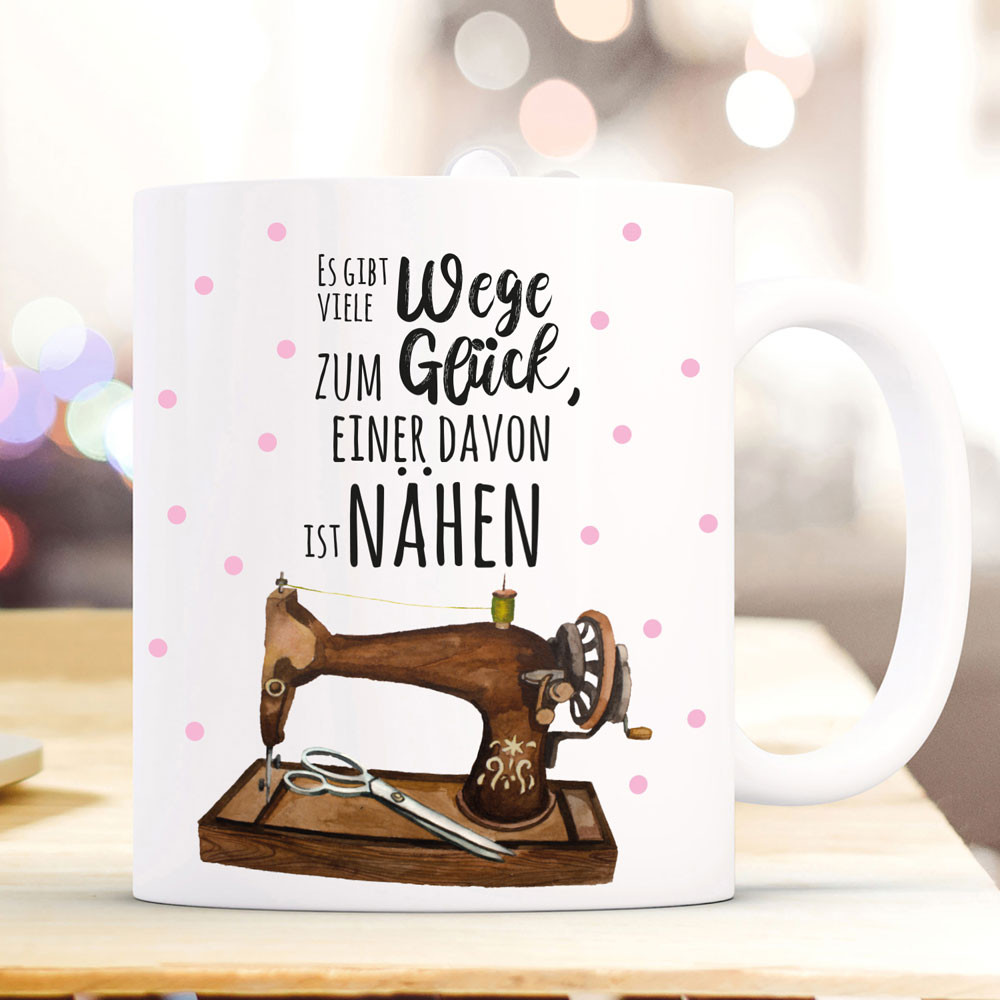 Tasse Becher Kaffeetasse Kaffeebecher mit Nähmaschine Punkte & Spruch