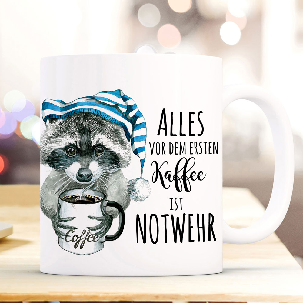 Tasse Becher Waschbär mit Kaffeetasse Schlafmütze & Spruch Alles vor
