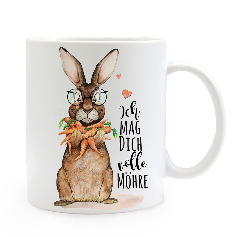 Tasse Hase Häschen mit Karotten Möhren und Spruch Ich mag dich volle