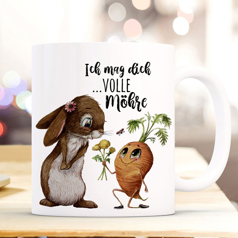 Tasse Hase Häschen mit Karotte & Spruch Ich mag dich volle Möhre ts1122