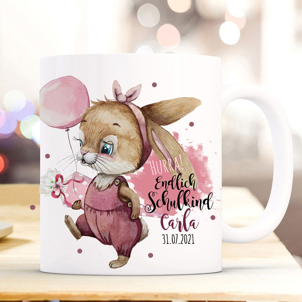 Tasse Becher zum Schulanfang Schulstart Hasen Mädchen Spruch Hurra