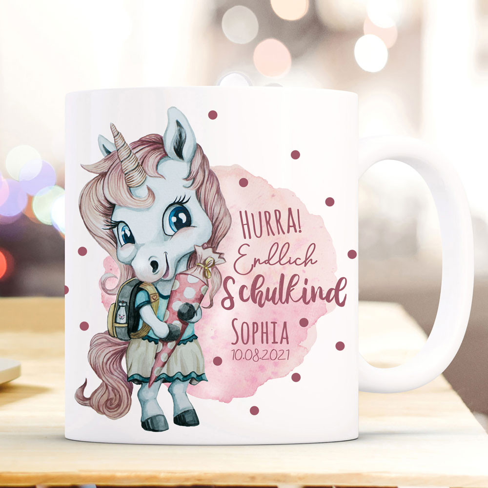 Tasse Becher Schulanfang Schulstart Einhorn Mädchen rosa pink Schultüte