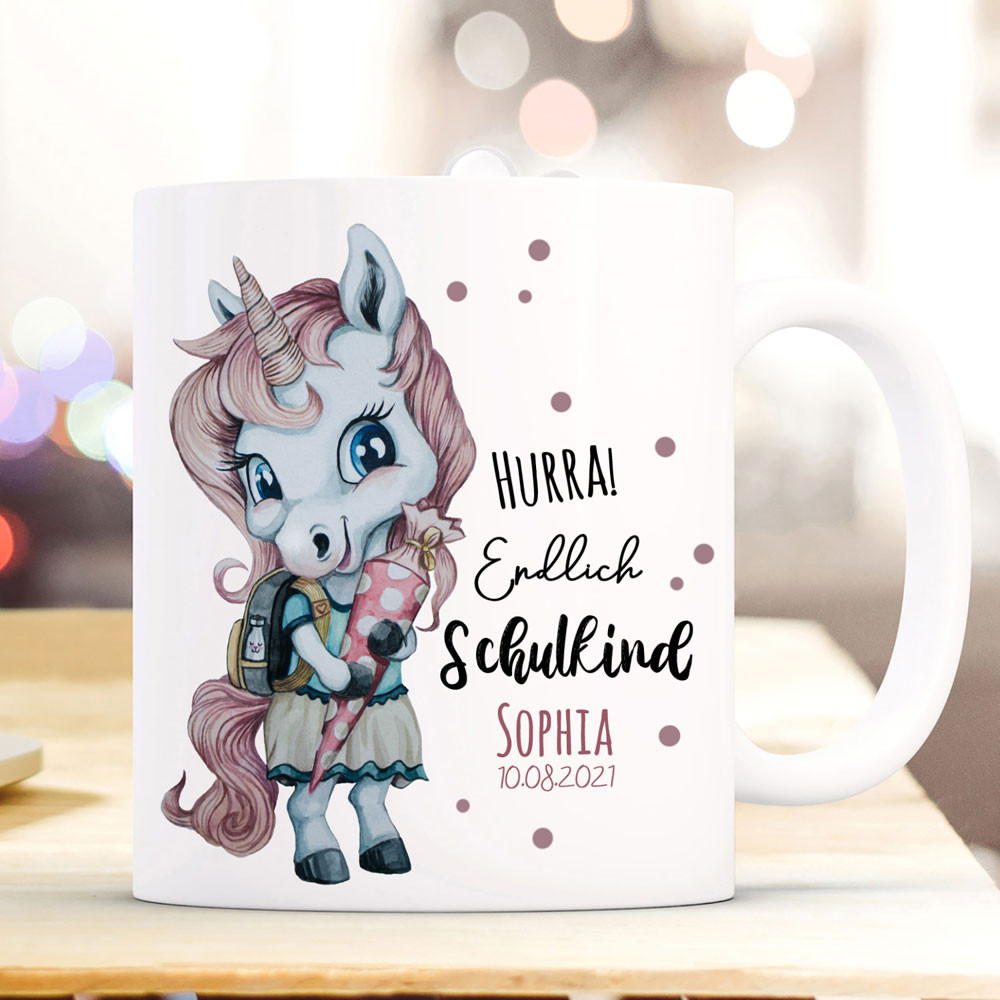 Tasse Becher zum Schulanfang Schulstart Einhorn Mädchen rosa Schultüte